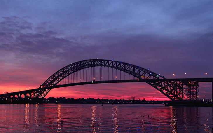 sunset, bayonne bridge, usa, wilight, river, new jersey, HD wallpaper
