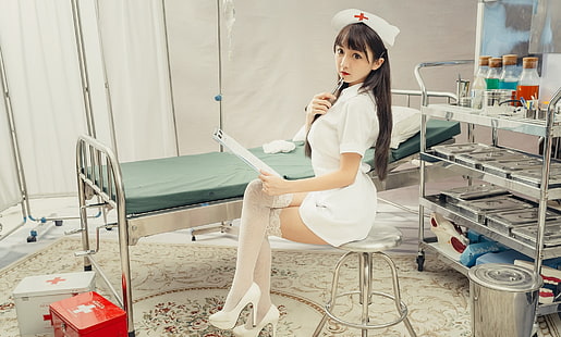ножки, азиатка, женщины, модель, наряд медсестры, HD обои HD wallpaper