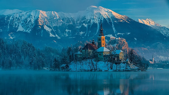 zjawisko, wyspa Bled, Europa, Słowenia, jezioro Bled, zamek Bled, atrakcja turystyczna, Alpy, jezioro, Alpy Julijskie, Bled, wysepka, zima, Góra scenerii, pasmo górskie, kościół mariinsky, kościół, góra, wioska, wyspa, Tapety HD HD wallpaper
