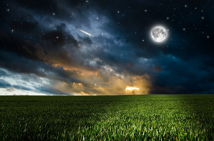 green grass field and full moon, greens, field, the sky, grass, clouds, night, the moon, photoshop, stars, HD wallpaper