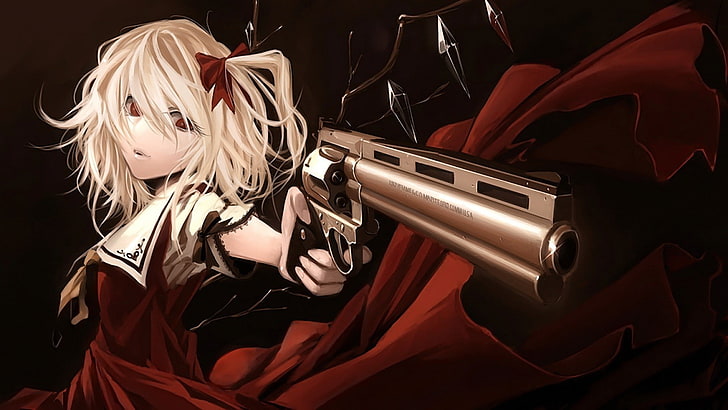 жена държи пистолет тапет, аниме момичета, аниме, пистолет, Touhou, Flandre Scarlet, HD тапет