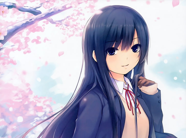 black haired female anime character, coffee-kizoku, girl, sakura, HD wallpaper