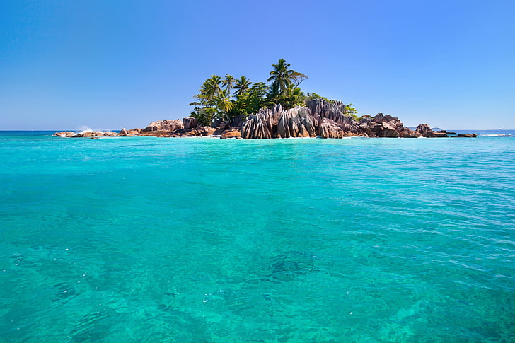 brown island, seychelles, tropical, island, sea, palm trees, stones, HD wallpaper