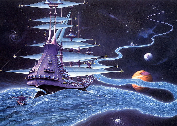 purple ship wallpaper, river, planet, ship, stars, worlds, Rodney Matthews, journey, The Ether Stream, HD wallpaper
