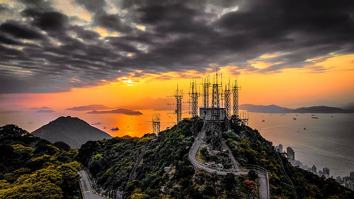 wide photography of a establishment\ on mountain surrounded by trees near pathway, hong kong, victoria peak, hong kong, victoria peak, Sunset, Hong Kong, Victoria Peak, looking out, Lamma Channel, South China Sea, photography, establishment, mountain, trees, pathway, sunsets, drone, dronestagram, hdr, hongkong, sea, architecture, famous Place, asia, tower, dusk, night, HD wallpaper