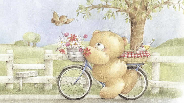 bear and bike illustration, summer, flowers, bike, mood, art, bear, walk, a bunch, children's, Forever Friends Deckchair bear, HD wallpaper