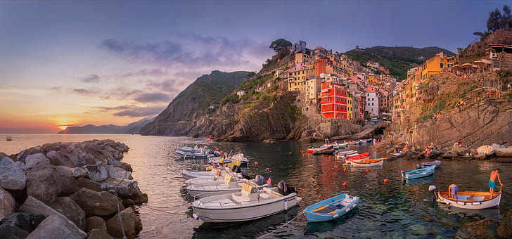 sea, sunset, rocks, shore, home, boats, Italy, town, Riomaggiore, Cinque Terre, Liguria, Mike Reifman, HD wallpaper