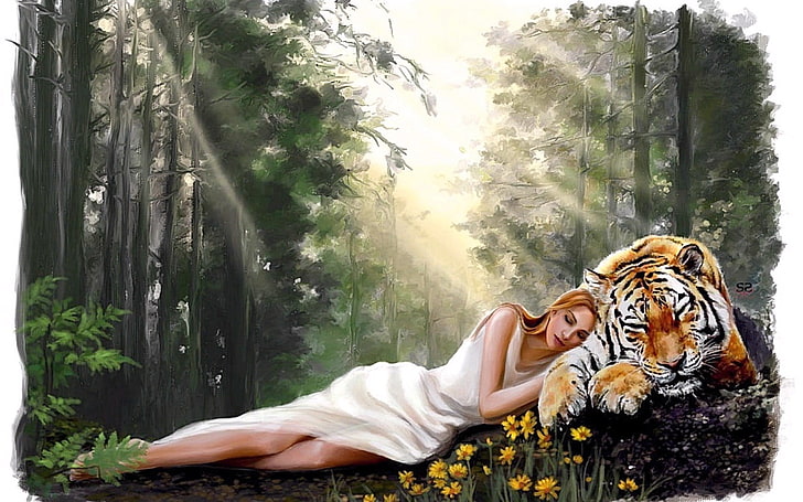 Fantasiekunst, Tiger, geschlossene Augen, Kleid, Frauen, Fantasiemädchen, HD-Hintergrundbild