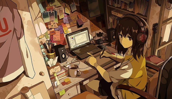 karakter asli, gadis anime, kamar, manga, headphone, laptop, Wallpaper HD