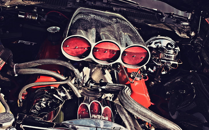 赤い車のエンジンベイ、エンジン、車、 HDデスクトップの壁紙