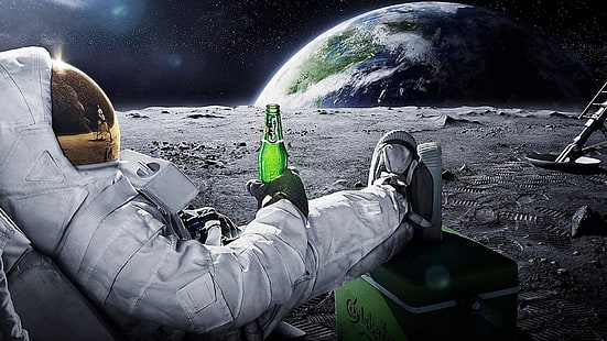 white astronaut suit, space, astronaut, beer, Moon, Earth, advertisements, stars, relaxation, Carlsberg, planet, alcohol, brands, HD wallpaper HD wallpaper