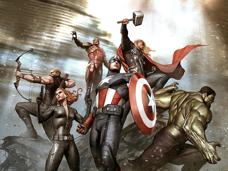 Ilustrasi karakter Marvel Avengers, Hulk, Iron Man, Marvel, Captain America, Thor, konsep seni, Black Widow, hawkeye, The Avengers, Wallpaper HD
