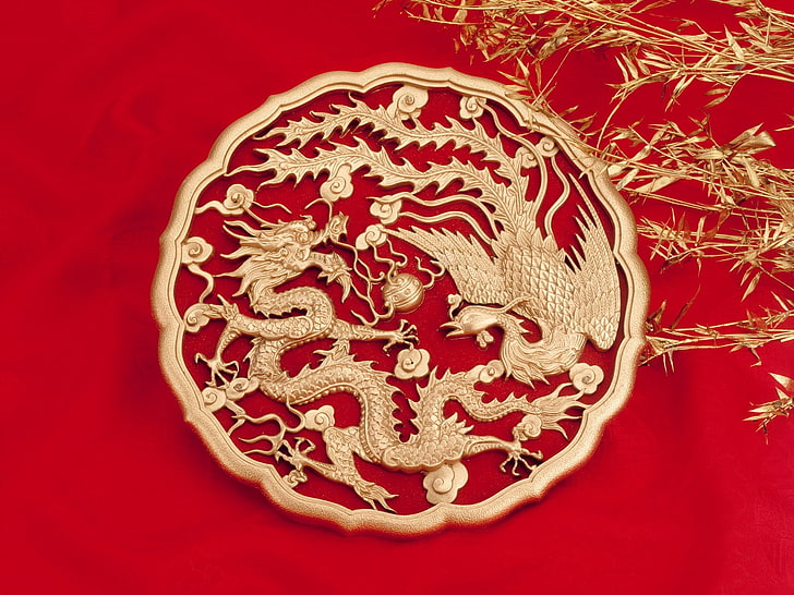 gold-colored medallion with dragon and phoenix insignias, esigns, drawings, china, embroidery, HD wallpaper