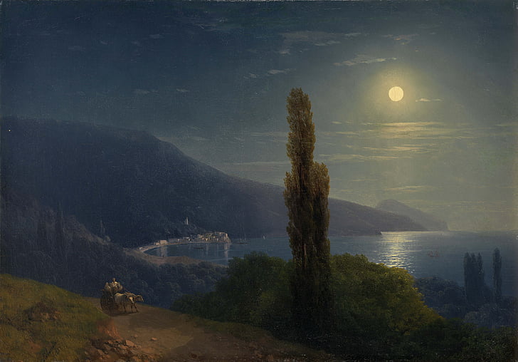 aivazovsky, art, coast, crimea, ivan, moon, moonlit, night, pictorial, HD wallpaper