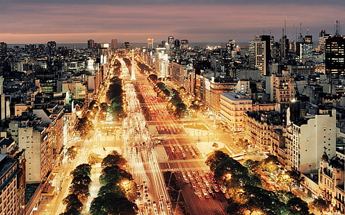 Pintura de edificio marrón y negro, ciudad, urbano, Buenos Aires, Obelisco de Buenos Aires, noche, paisaje urbano, Fondo de pantalla HD HD wallpaper