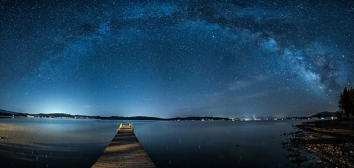 brown wooden boat dock with blue sky at night time, tahoe city, tahoe city, Tahoe City, Nighttime, Panorama, boat dock, blue sky, sky at night, night time, Panoramic, Lake Tahoe, Blue  water, photography, astrophotography, Sierra Nevada, California, HD wallpaper