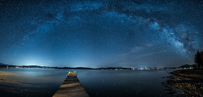 brown wooden boat dock with blue sky at night time, tahoe city, tahoe city, Tahoe City, Nighttime, Panorama, boat dock, blue sky, sky at night, night time, Panoramic, Lake Tahoe, Blue  water, photography, astrophotography, Sierra Nevada, California, HD wallpaper HD wallpaper
