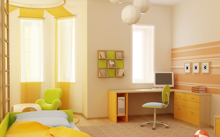 green rolling chair, computer, design, style, table, background, room, the ball, books, Windows, bed, interior, chair, apartment, green, shelves, children's, HD wallpaper