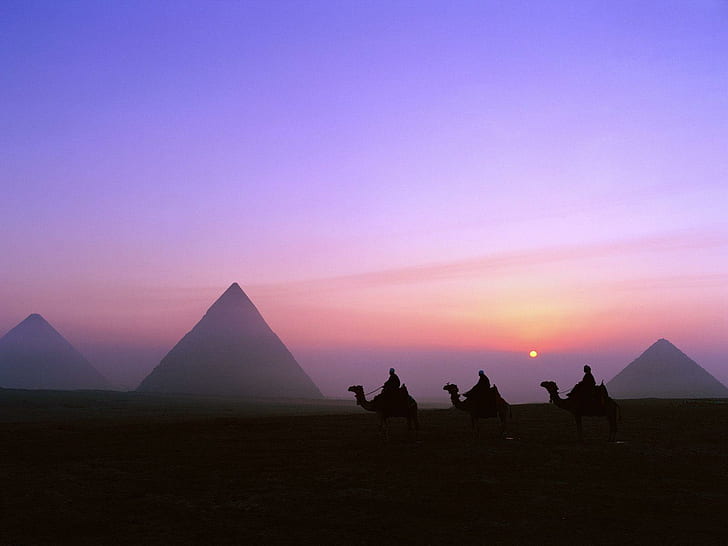 Egypt Pyramids Camels Silhouette Sunset HD, natura, zachód słońca, sylwetka, egipt, piramidy, wielbłądy, Tapety HD
