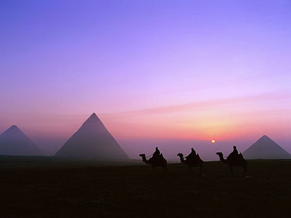Egipto Pirámides Camellos Silueta Sunset HD, naturaleza, puesta de sol, silueta, Egipto, pirámides, camellos, Fondo de pantalla HD HD wallpaper