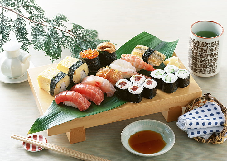 sushi mat, rullar, sushi, skaldjur, tallrik, mat, japansk mat, HD tapet