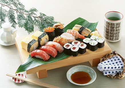 sushi food, rolls, sushi, seafood, plate, food, japanese food, HD wallpaper HD wallpaper