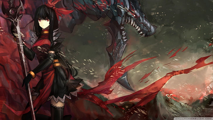 illustration of black haired woman anime character, anime, dragon, HD wallpaper