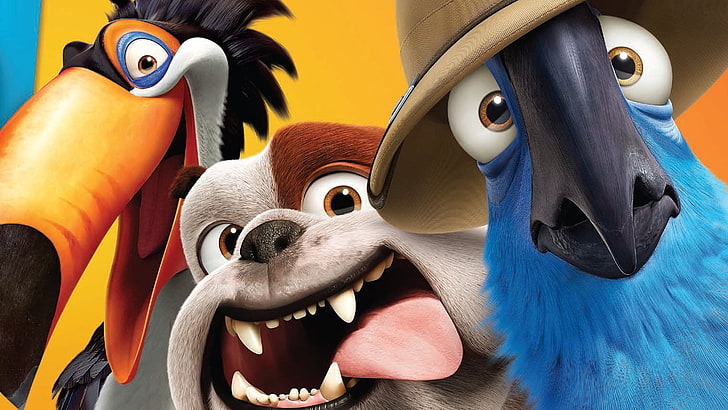 Rio 2 (2014), poster, movie, pasare, caine, parrot, macaw, rio 2, hat, bird, eyes, dog, blue, HD wallpaper