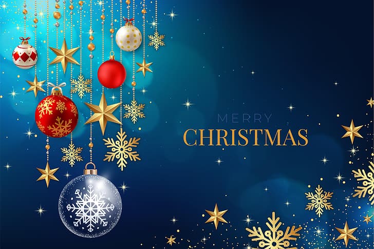 balls, snowflakes, stars, Christmas, New year, blue background, HD wallpaper