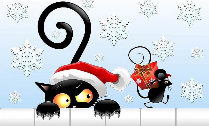 Humor, jul, katt, gåva, mus, jultomtenhatt, snöflinga, HD tapet