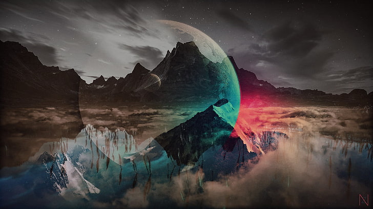 Gletscherberg mit Nebel digitale Tapete, Kunstwerk, Mond, Planet, blau, rosa, rot, Wasser, Himmel, HD-Hintergrundbild
