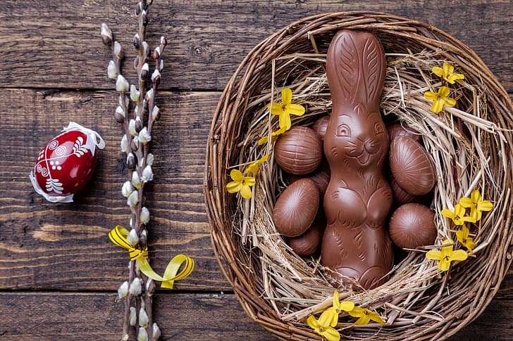choklad, ägg, färgglada, kanin, godis, påsk, trä, Verba, vår, kanin, dekoration, glad, HD tapet