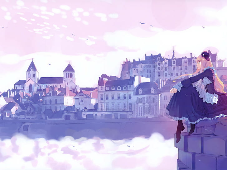 awan, gadis anime, laut, langit, Wallpaper HD