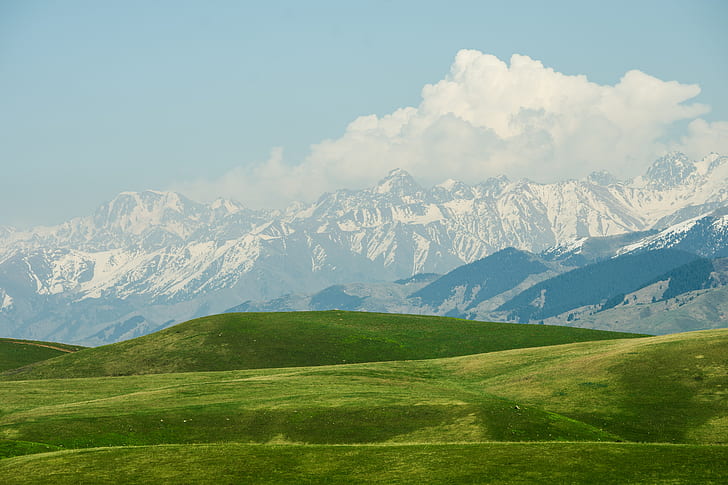 Kazakhstan, mountains, grass, snow, field, plains, green, nature, landscape, HD wallpaper