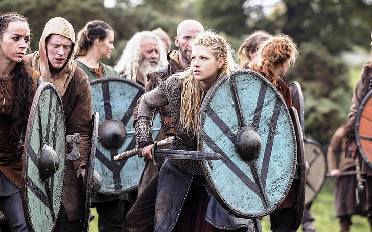women, Lagertha Lothbrok, Katheryn Winnick, actress, Vikings (TV series), blonde, sword, shield, movie scenes, HD wallpaper