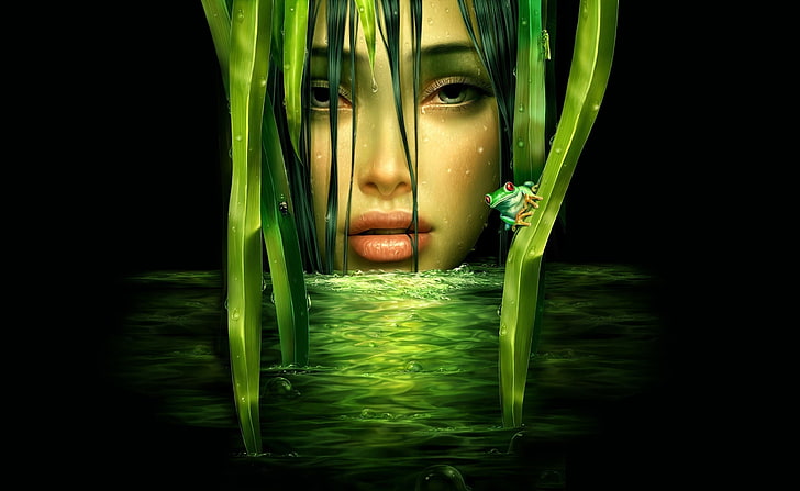 Girl Drawing, frog on leaf with woman's face wallpaper, Artistic, Fantasy, Green, Black, Frog, HD wallpaper