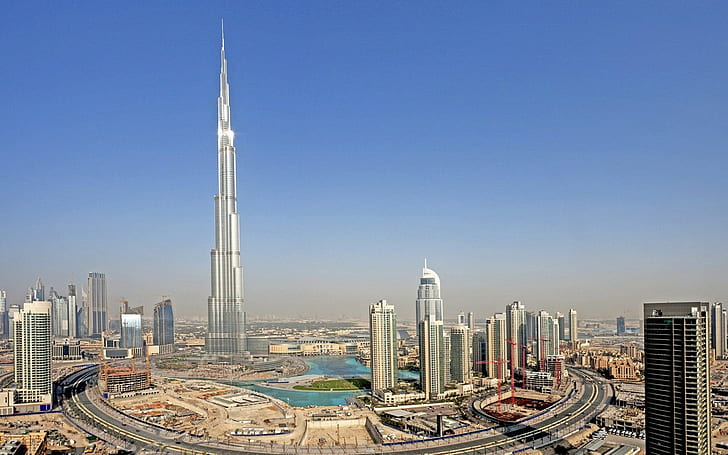 Burj Khalifa, Architektur, Hochhaus, Stadt, Autos, Straße, Luftaufnahme, graue Hochhäuser, Burj Khalifa, Architektur, Hochhaus, Stadt, Autos, Straße, Luftaufnahme, HD-Hintergrundbild