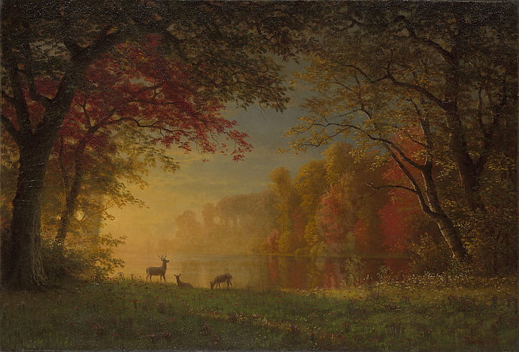 las, krajobraz, przyroda, sztuka, jeleń, Albert Bierstadt, Indian Sunset - Jeleń nad jeziorem, Tapety HD
