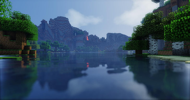 lake, Lava, Minecraft, render, screenshots, HD wallpaper