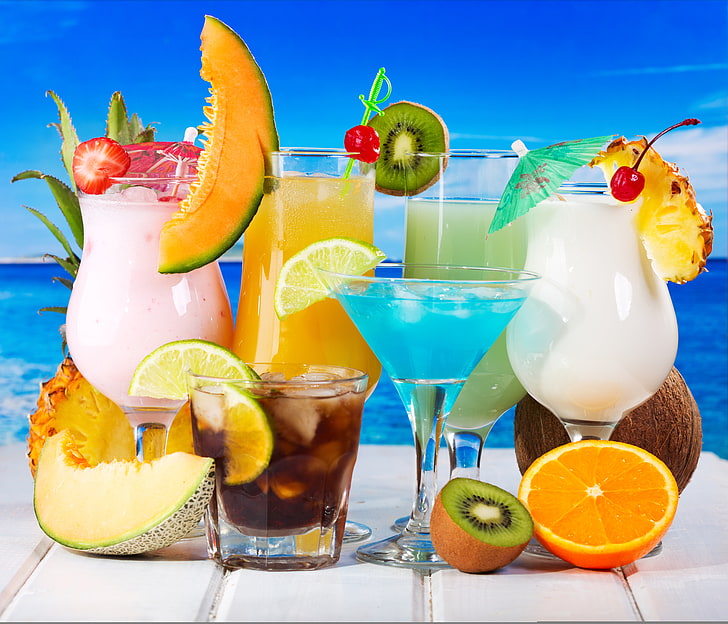 assorted cocktail lot, orange, coconut, kiwi, lime, pineapple, drinks, cocktails, melon, HD wallpaper