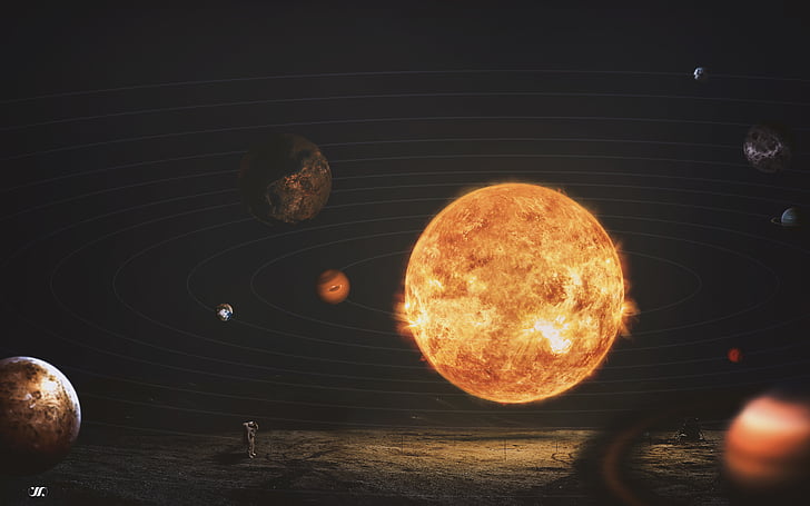 ilustracja układu słonecznego, układ słoneczny, słońce, planety, astronauta, hd, Tapety HD