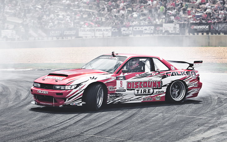red and white stock car, auto, competition, smoke, skid, race, drift, Nissan Silvia, S13, HD wallpaper