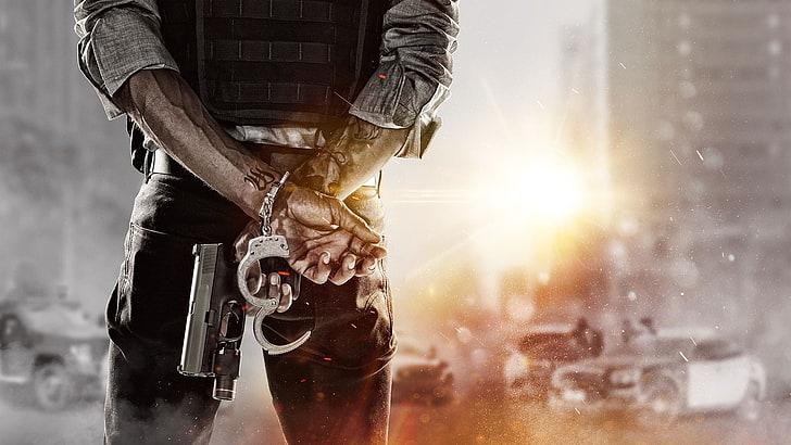 silver handcuffs, Home, Machine, Light, Weapons, Tattoo, Handcuffs, COP, Electronic Arts, Visceral Games, Police, The vest, Battlefield: Hardline, HD wallpaper