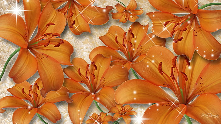 Tiger Lilies, firefox persona, портокал, искри, флорални, летни, лилии, цветя, 3d и абстрактни, HD тапет