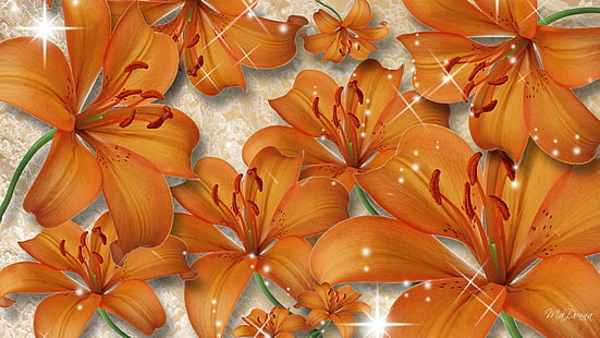 Tiger Lilies, firefox persona, orange, sparkles, floral, summer, lily, flowers, 3d and abstract, HD wallpaper HD wallpaper