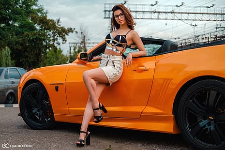  machine, auto, girl, pose, glasses, convertible, legs, Chevrolet Camaro, Dmitry Filatov, HD wallpaper HD wallpaper