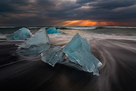 lód, wybrzeże, Islandia, chmury, przyroda, morze, długi czas naświetlania, Tapety HD HD wallpaper