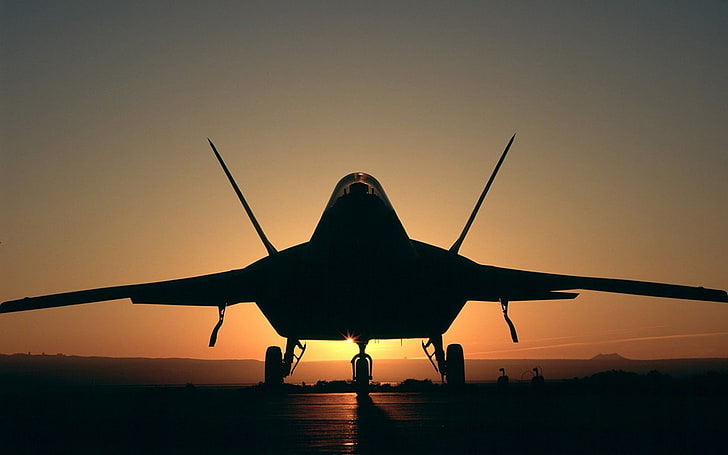 flygplan, F-22 Raptor, solnedgång, siluett, HD tapet