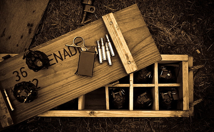 Ящик с гранатами, коричневый деревянный ящик с патронами, армия, гранаты, HD обои