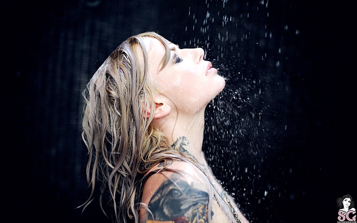 Suicide Girls, Vice, tattoo, shower, water, HD wallpaper